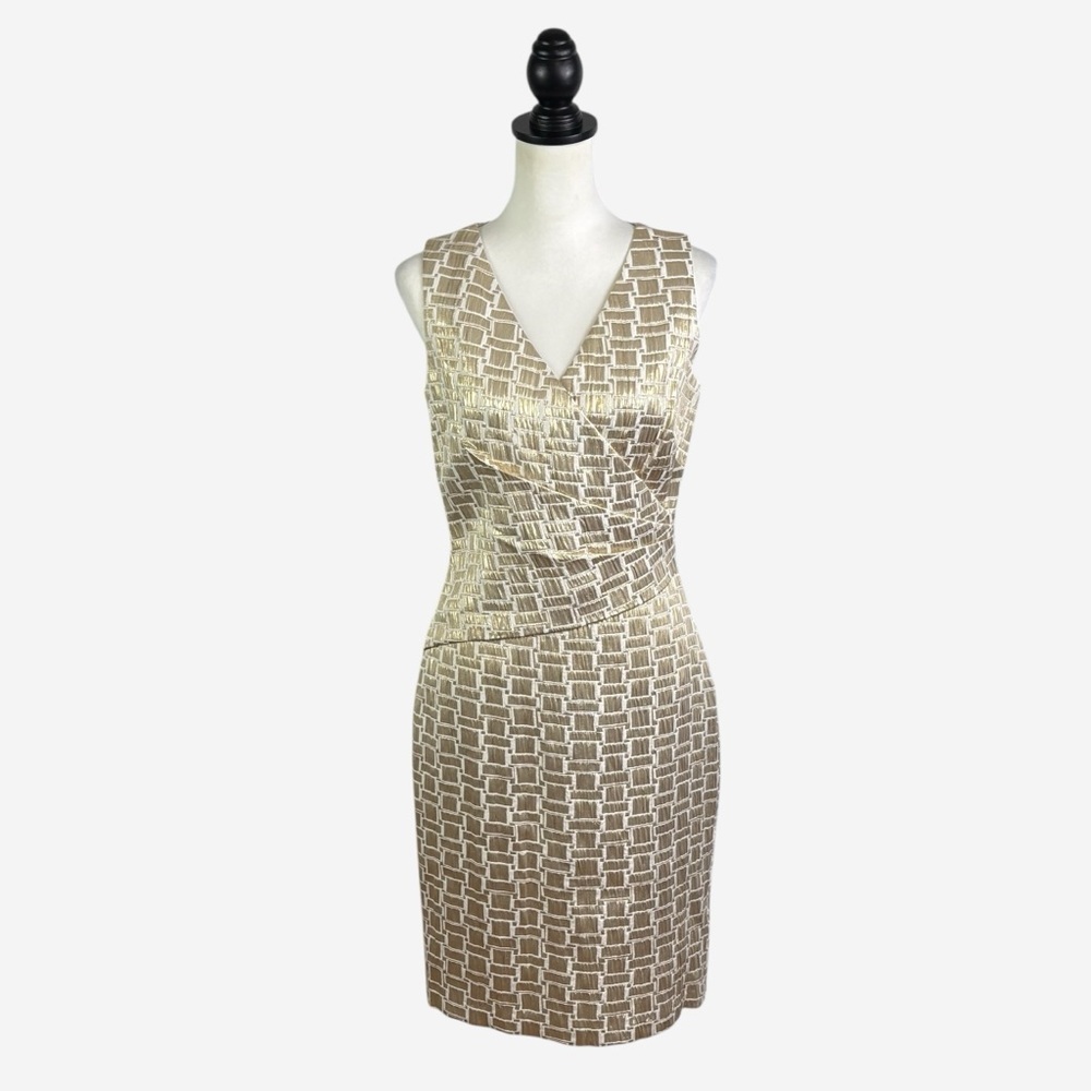 Lauren Ralph Lauren Metallic Gold Sheath Dress Size 6 Geometric Surplice Bodice